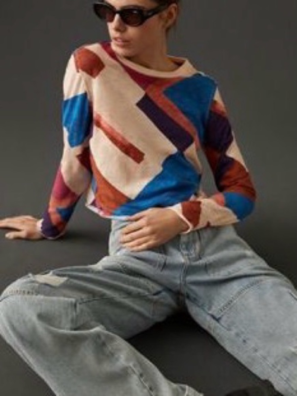 Anthropologie Maeve Caitlin 100% Cotton Boxy Long Sleeve Abstract Tee